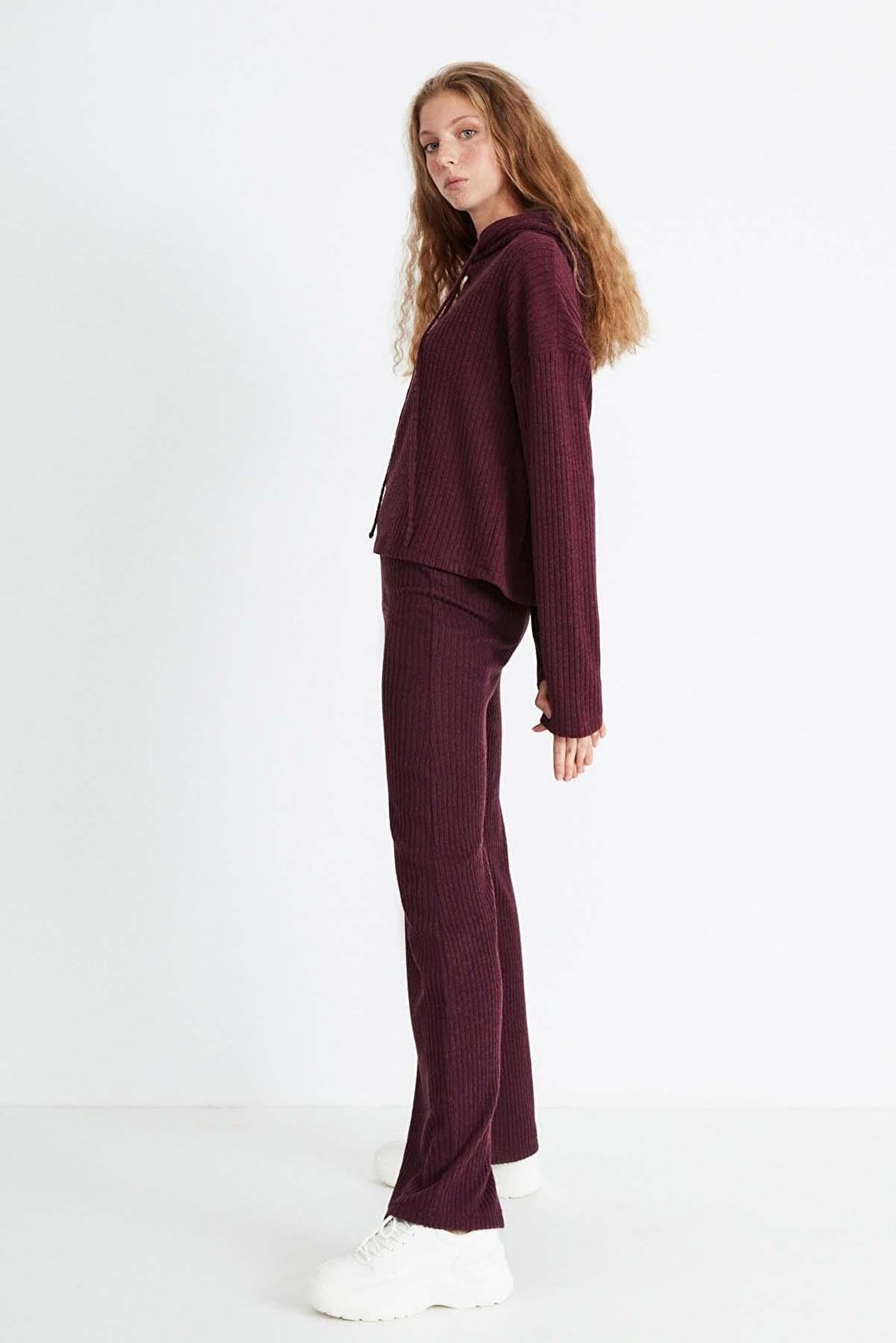 LAYLA Kadın Triko Görünümlü Kapüşonlu Ribana Bordo Sweatshirt