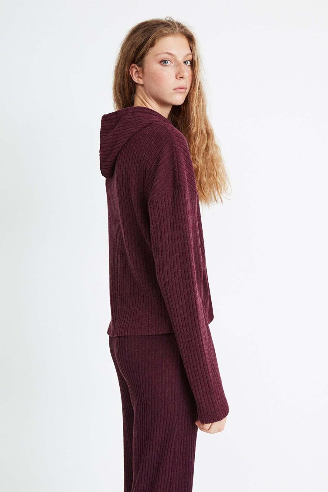 LAYLA Kadın Triko Görünümlü Kapüşonlu Ribana Bordo Sweatshirt