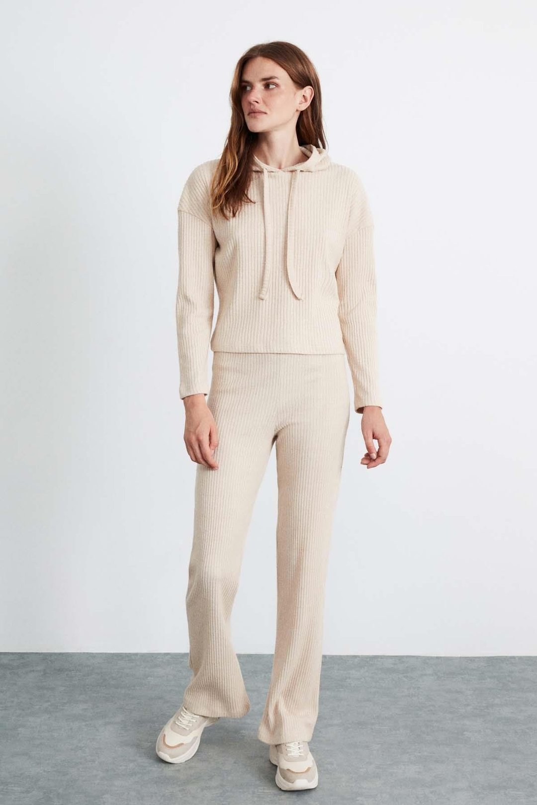 LAYLA Kadın Triko Görünümlü Kapüşonlu Ribana Bej Sweatshirt