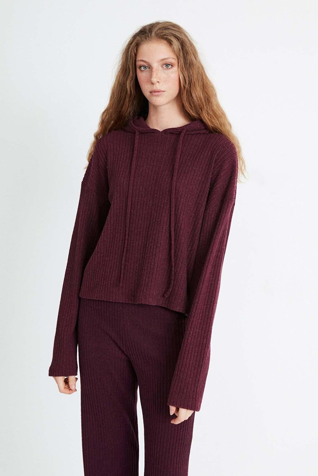 LAYLA Kadın Triko Görünümlü Kapüşonlu Ribana Bordo Sweatshirt
