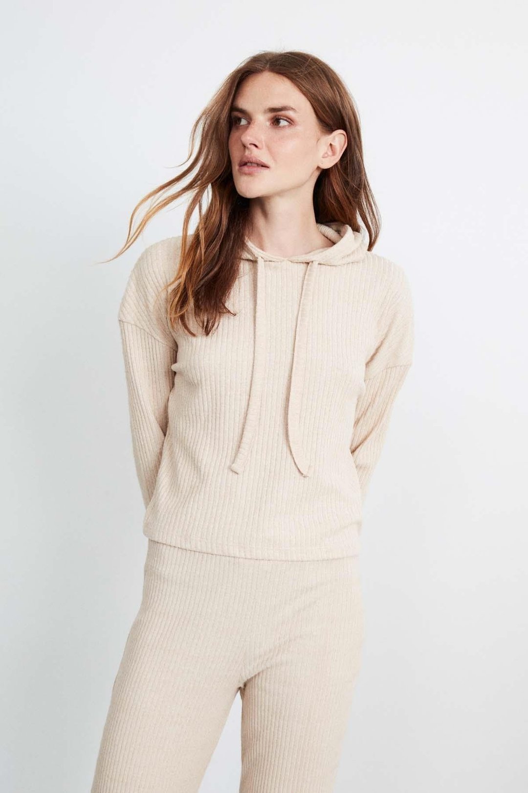 LAYLA Kadın Triko Görünümlü Kapüşonlu Ribana Bej Sweatshirt