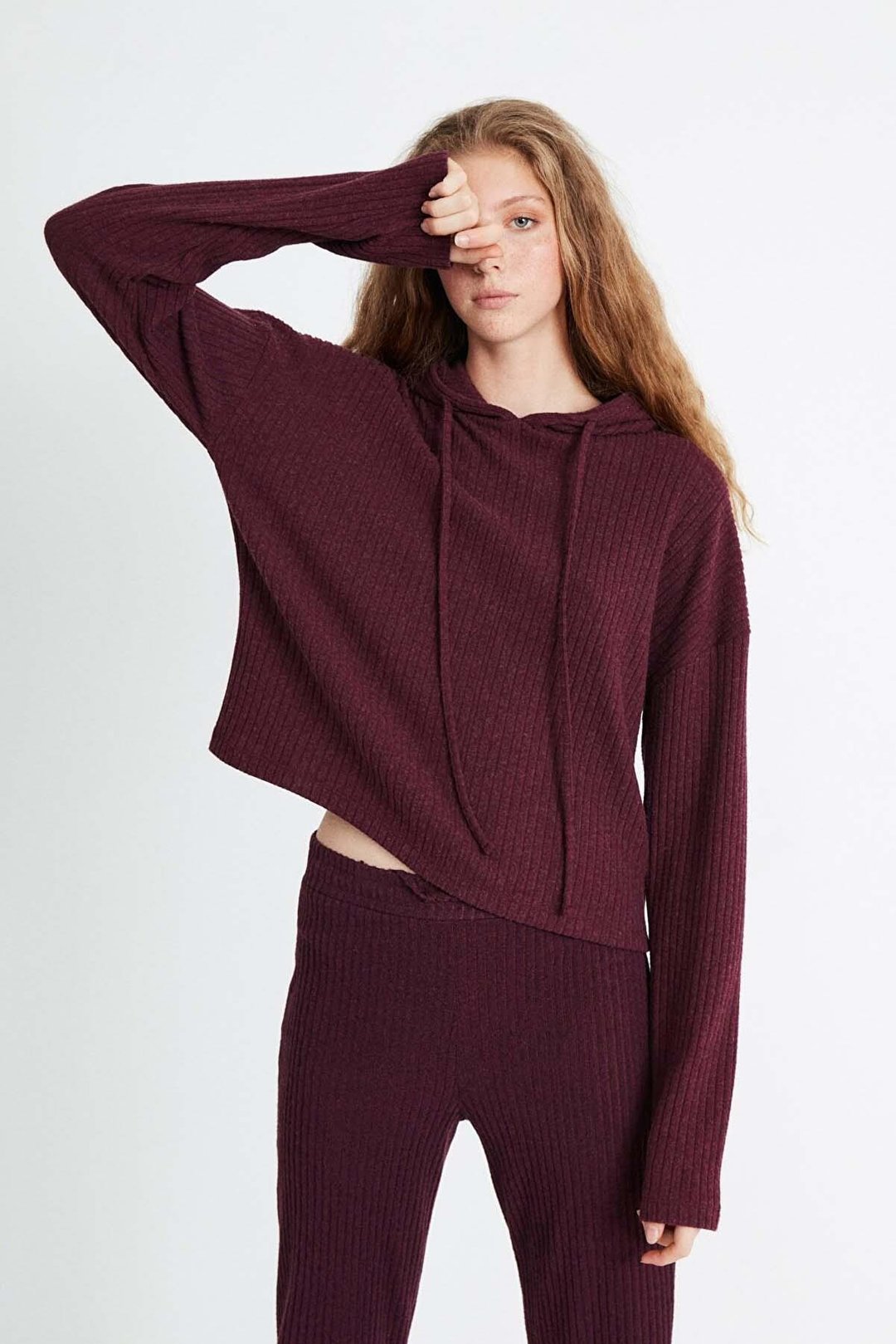 LAYLA Kadın Triko Görünümlü Kapüşonlu Ribana Bordo Sweatshirt