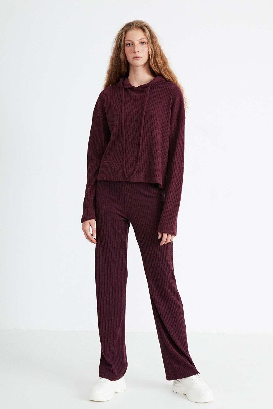 LAYLA Kadın Triko Görünümlü Kapüşonlu Ribana Bordo Sweatshirt