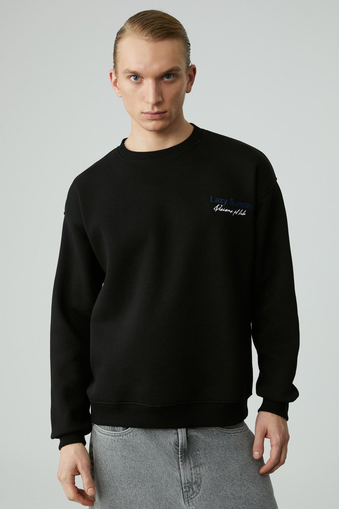 LAZYNESS Erkek Yuvarlak Yaka 3 İplik Siyah Sweatshirt