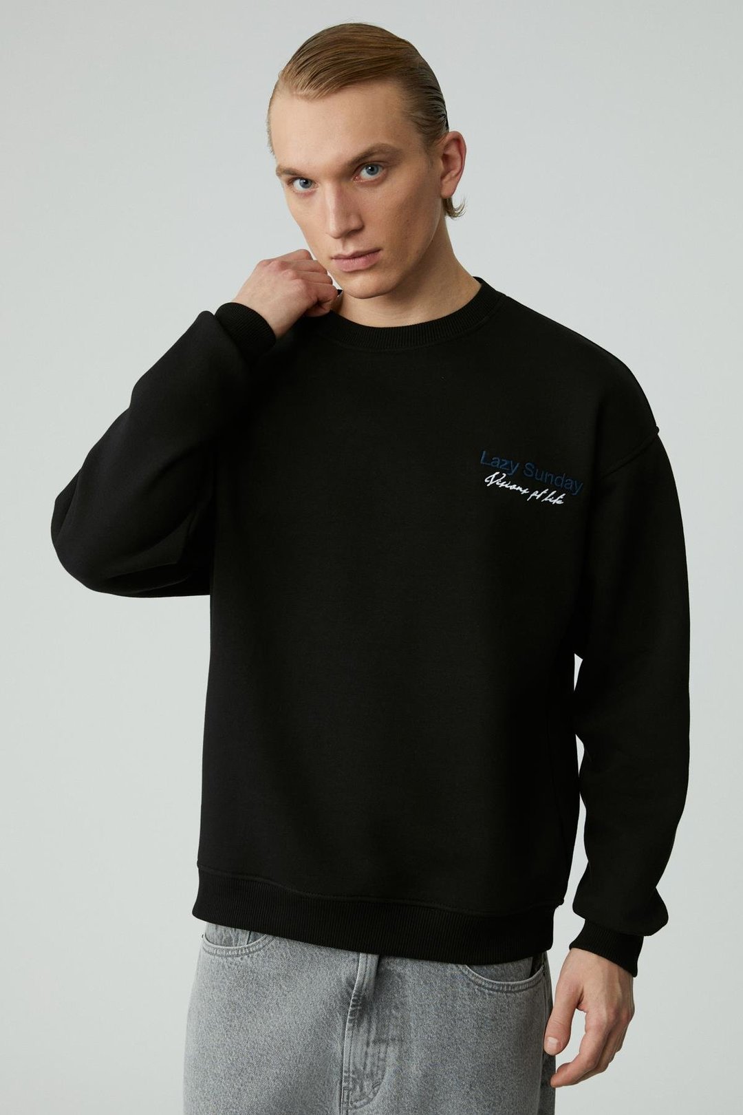 LAZYNESS Erkek Yuvarlak Yaka 3 İplik Siyah Sweatshirt