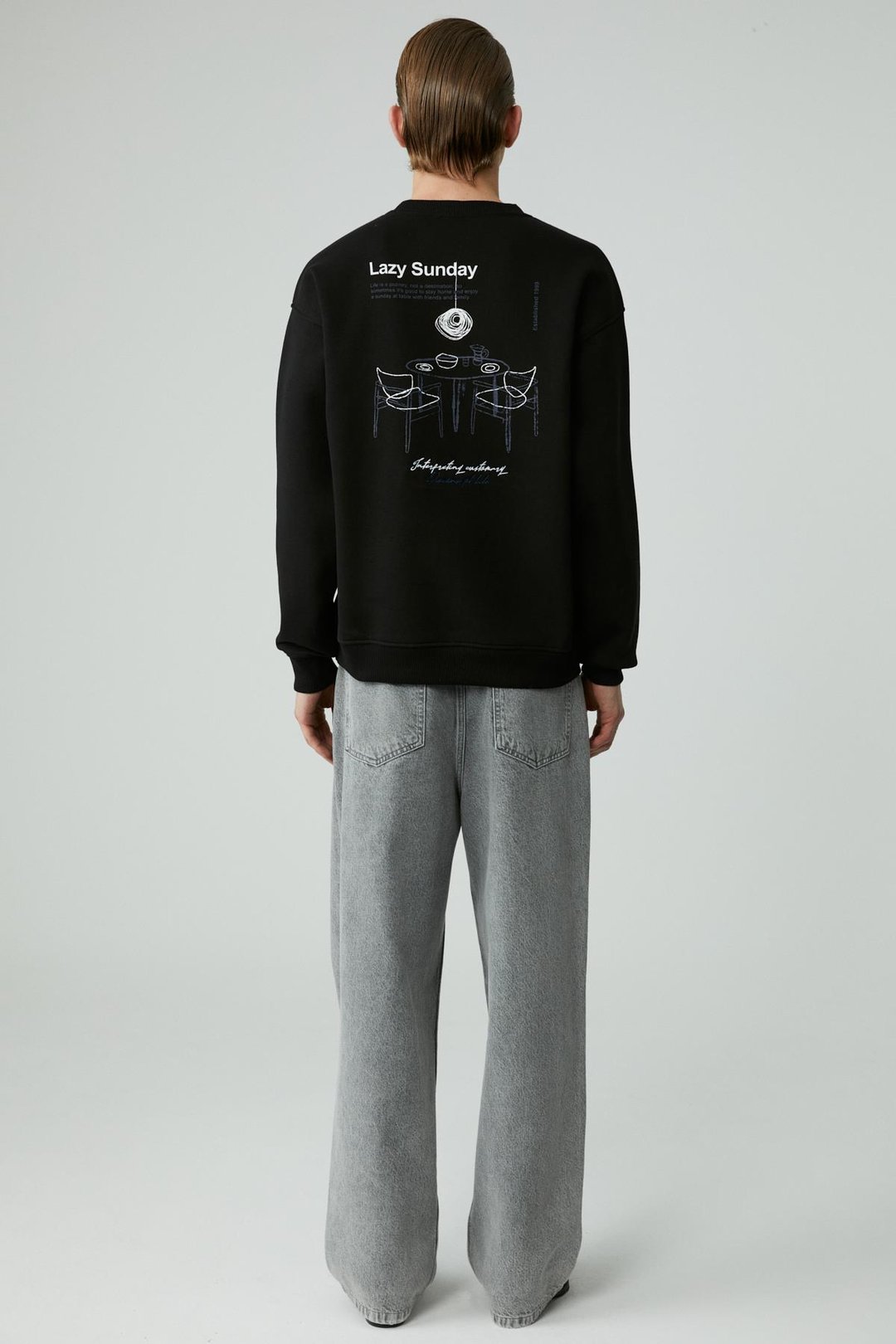 LAZYNESS Erkek Yuvarlak Yaka 3 İplik Siyah Sweatshirt