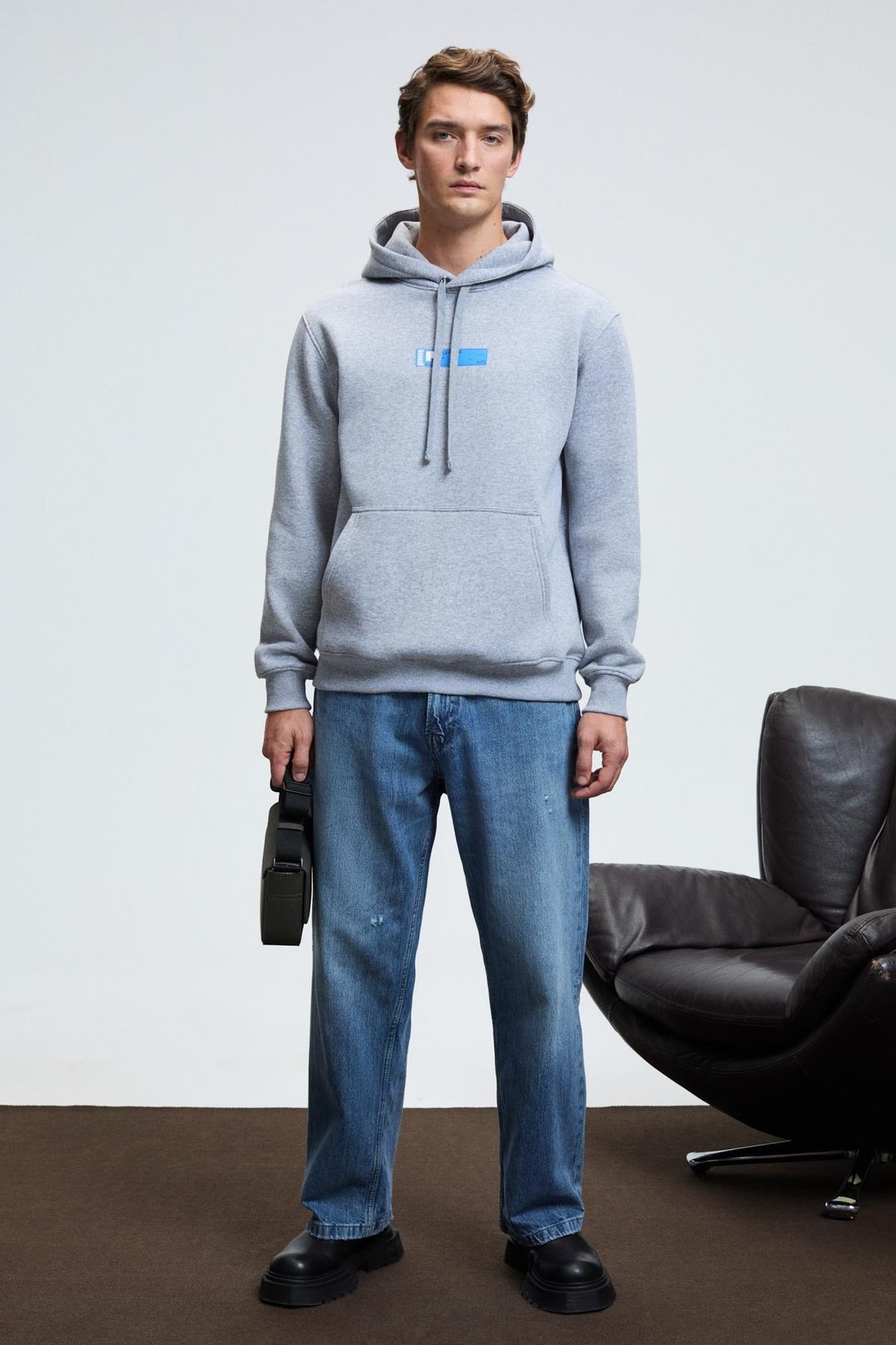 LELAND Erkek Kapüşonlu Kanguru Cepli Göğsü Nakışlı Regular Fit Grimelanj Sweatshirt