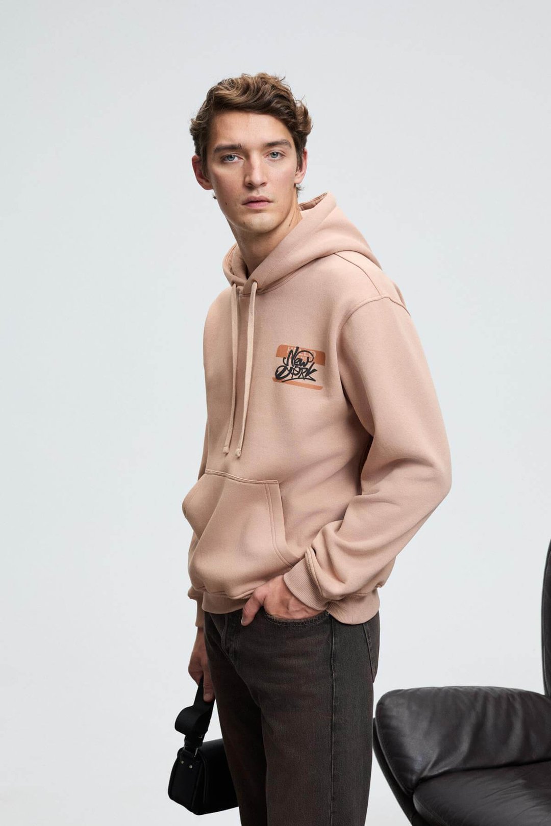 LELAND Erkek Kapüşonlu Kanguru Cepli Göğsü Nakışlı Regular Fit Vizon Sweatshirt