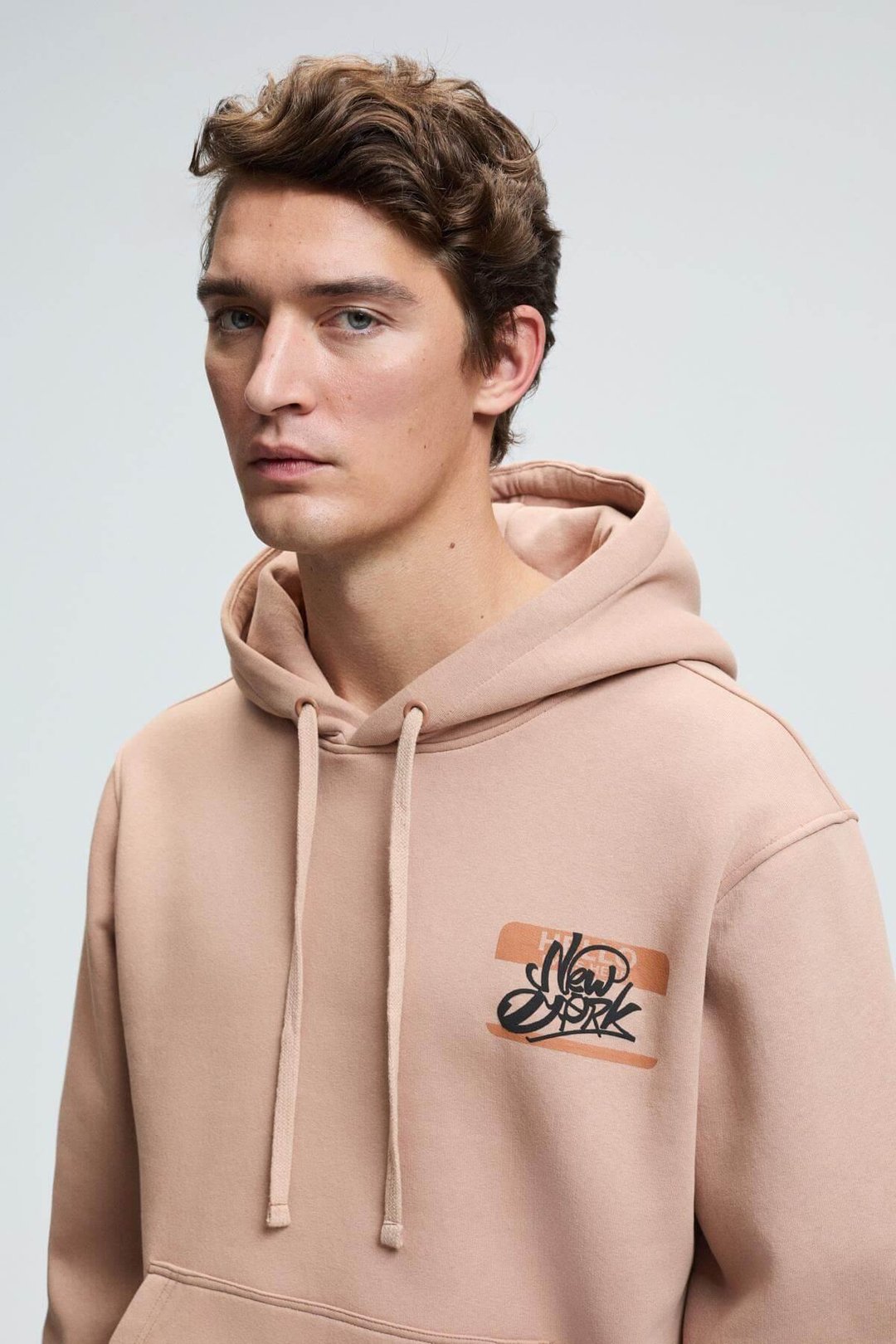 LELAND Erkek Kapüşonlu Kanguru Cepli Göğsü Nakışlı Regular Fit Vizon Sweatshirt