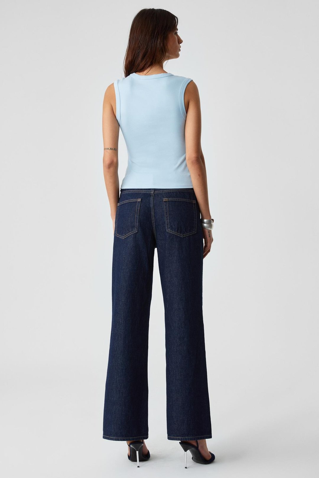 LESCOSA Kadın Slim V Yaka Kolsuz Mavi T-Shirt