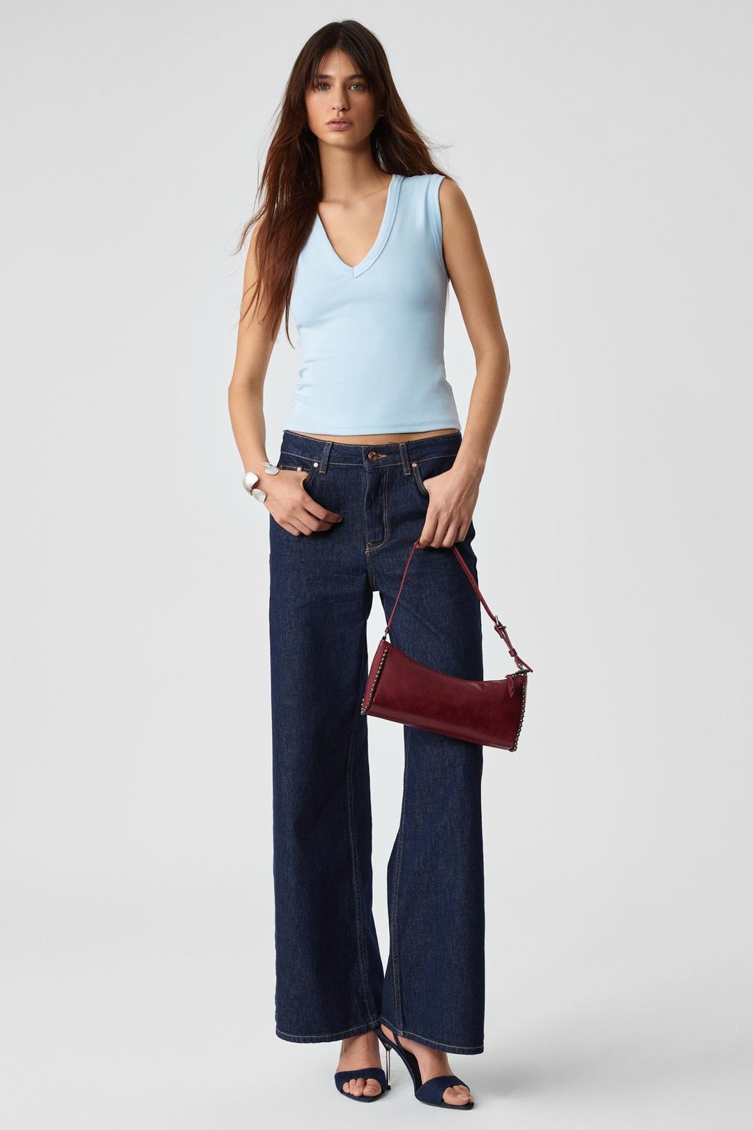 LESCOSA Kadın Slim V Yaka Kolsuz Mavi T-Shirt