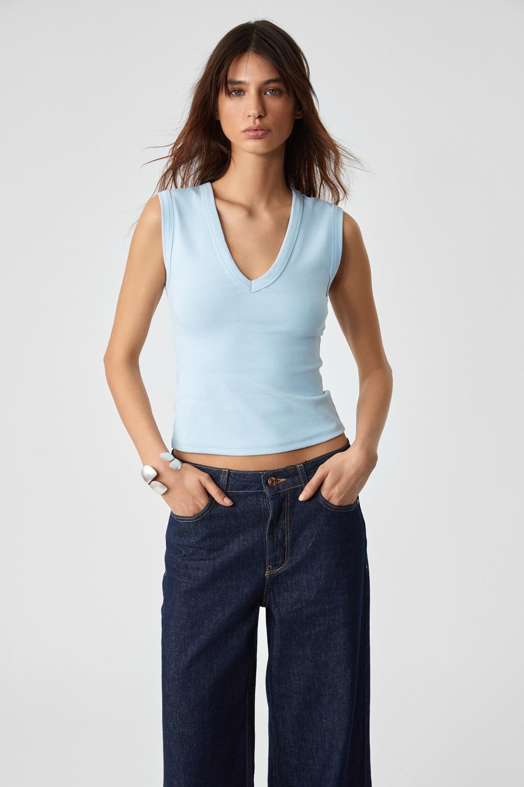 LESCOSA Kadın Slim V Yaka Kolsuz Mavi T-Shirt