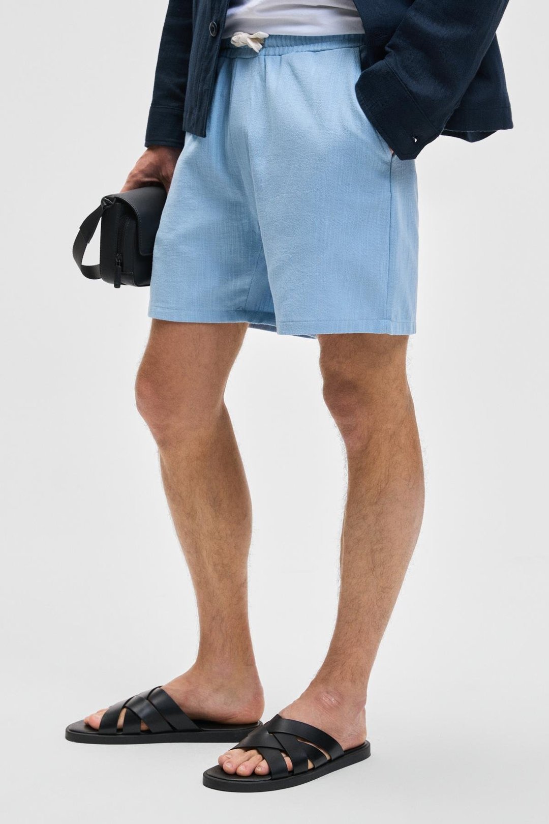 LEYTON Erkek Relaxed Fit Çift Cepli Beli Lastikli Keten Karışımlı Dokuma Mavi Şort & Bermuda