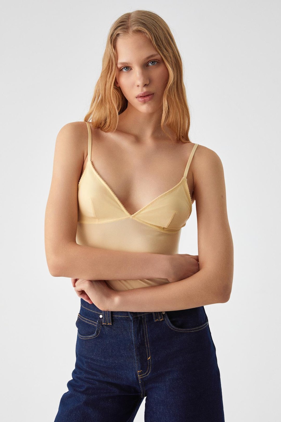 LILLEAN Kadın Kruvaze Yaka Slim İnce Tül Sarı Bluz