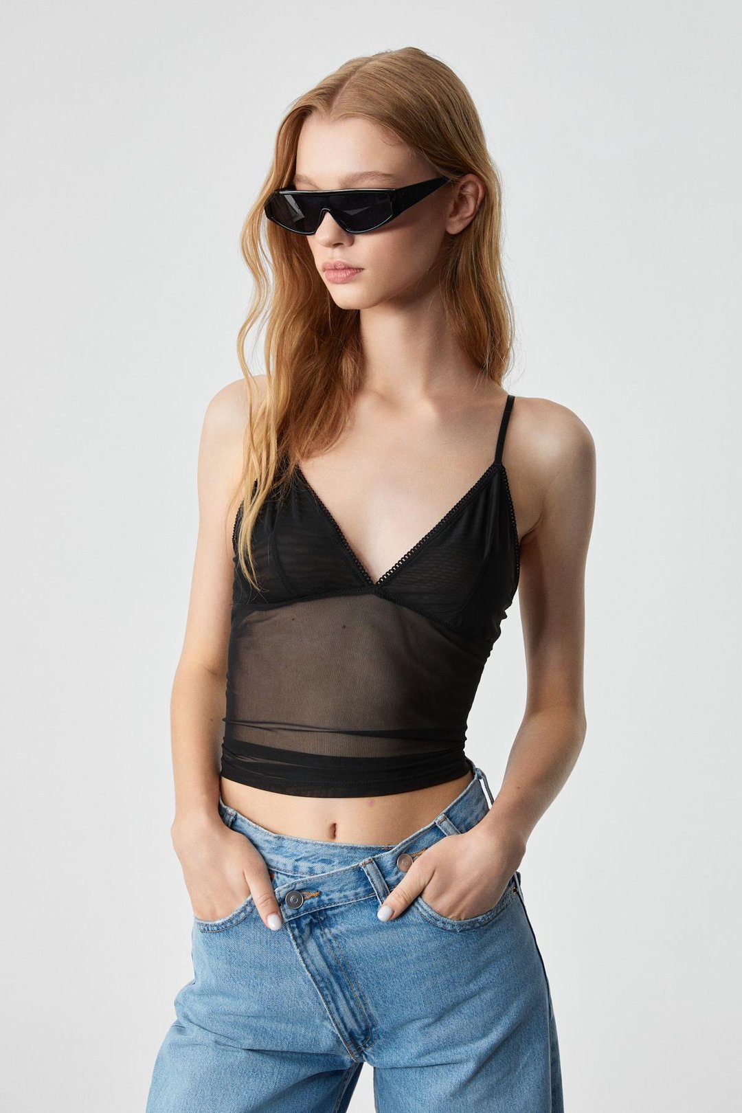 LILLEAN Kadın Kruvaze Yaka Slim İnce Tül Siyah Bluz