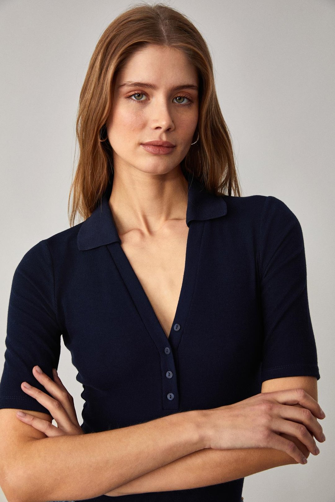 LOKKISER Kadın Düğmeli Apaj Yaka Kısa Kol Lacivert Yelek