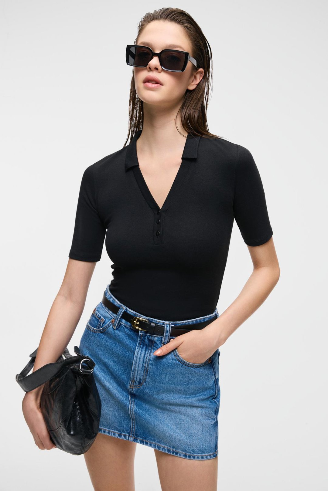 LOKKISER Kadın Düğmeli Apaj Yaka Kısa Kol Siyah Yelek