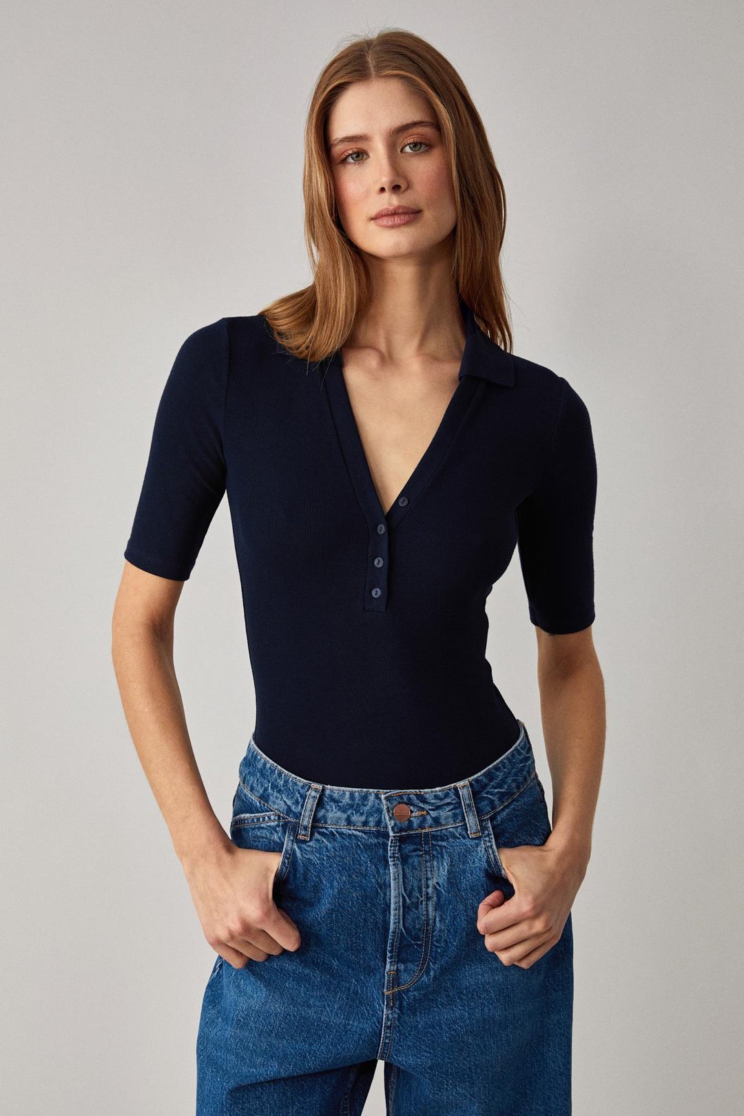 LOKKISER Kadın Düğmeli Apaj Yaka Kısa Kol Lacivert Yelek