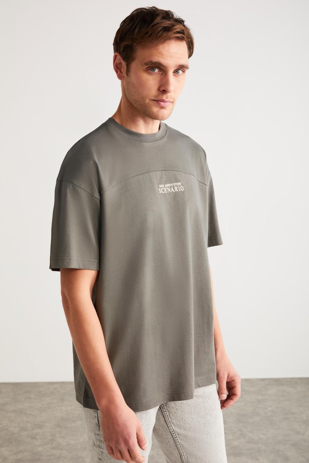 LORENZO Erkek Özel Dokulu Kumaşlı %100 Pamuk Düğme Detaylı Regular Gri T-Shirt