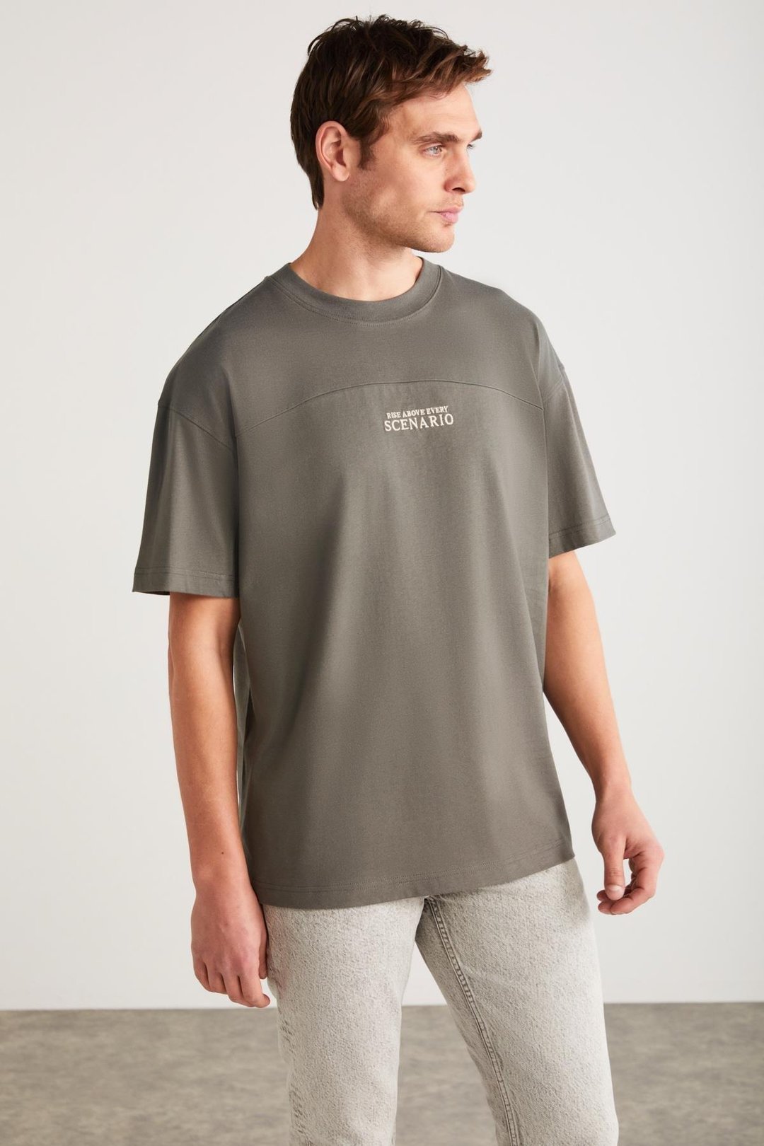 LORENZO Erkek Özel Dokulu Kumaşlı %100 Pamuk Düğme Detaylı Regular Gri T-Shirt