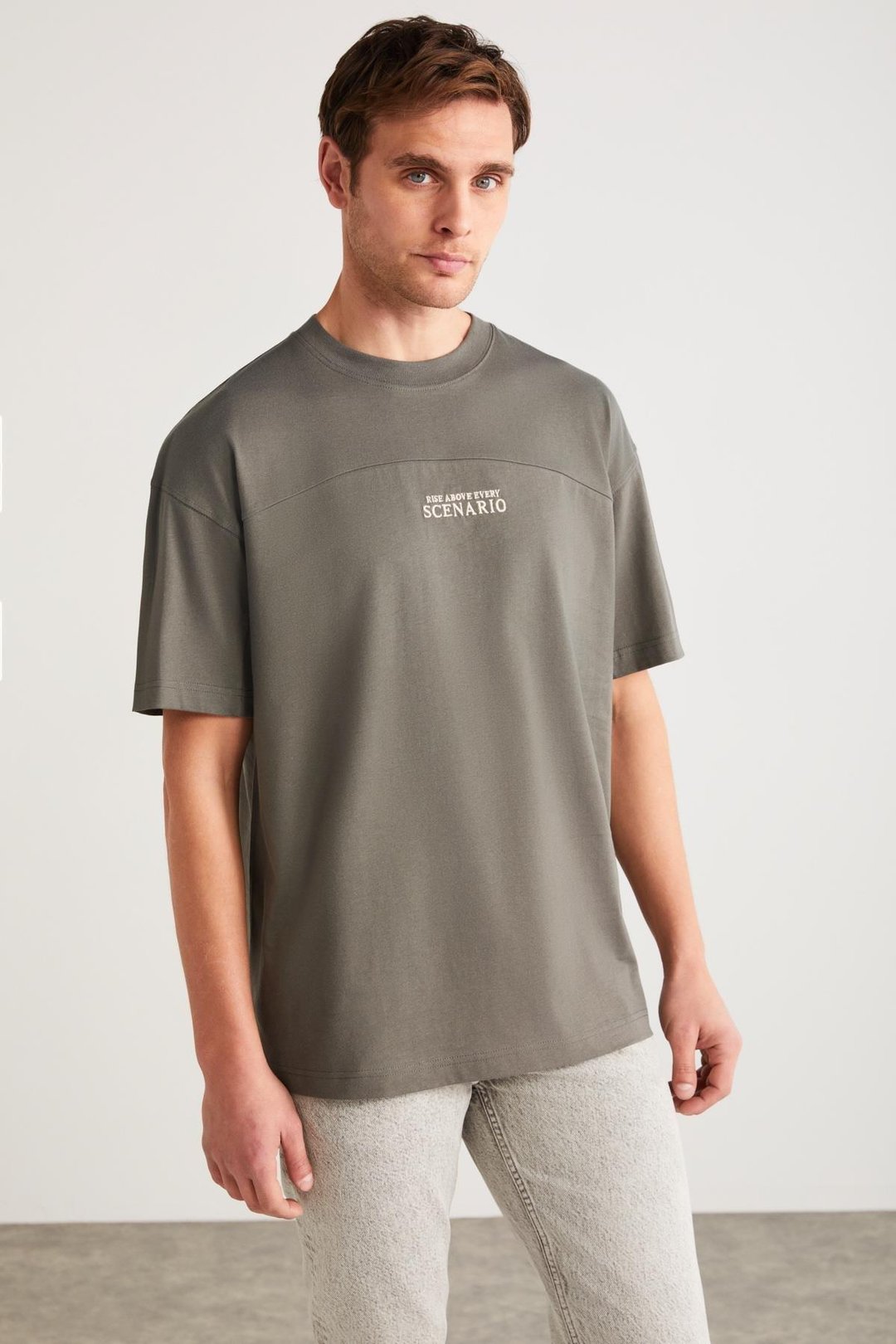 LORENZO Erkek Özel Dokulu Kumaşlı %100 Pamuk Düğme Detaylı Regular Gri T-Shirt