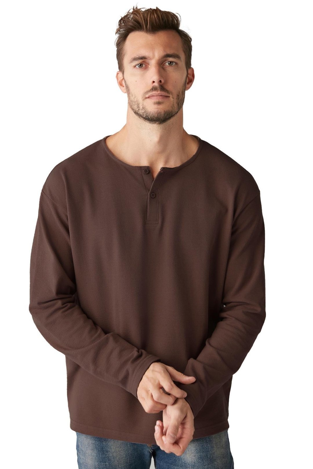 Lorenzo Erkek Özel Rustik Dokulu  %100 organik Pamuk Düğme Detaylı Regular Acı Kahve Sweatshirt