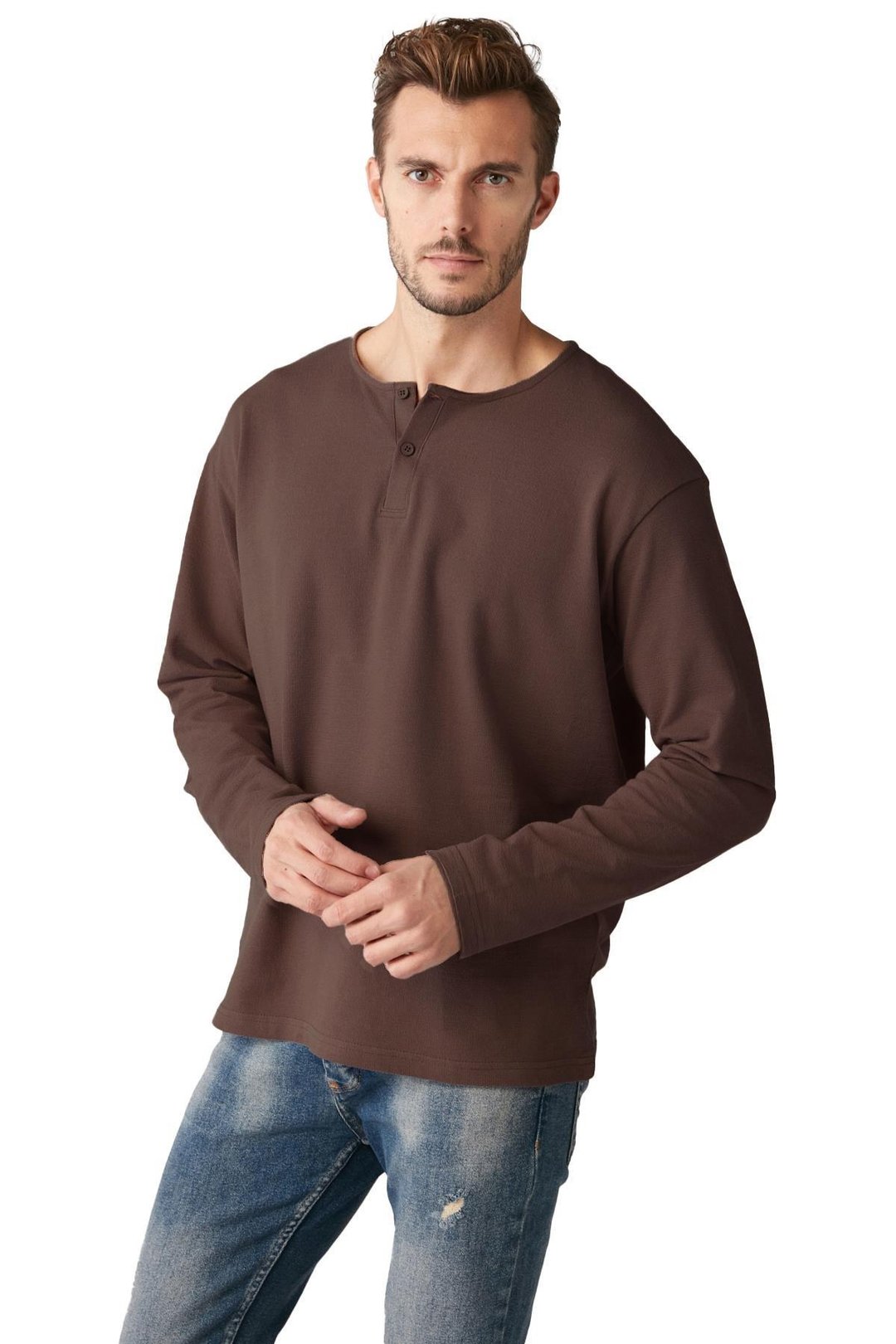 Lorenzo Erkek Özel Rustik Dokulu  %100 organik Pamuk Düğme Detaylı Regular Acı Kahve Sweatshirt