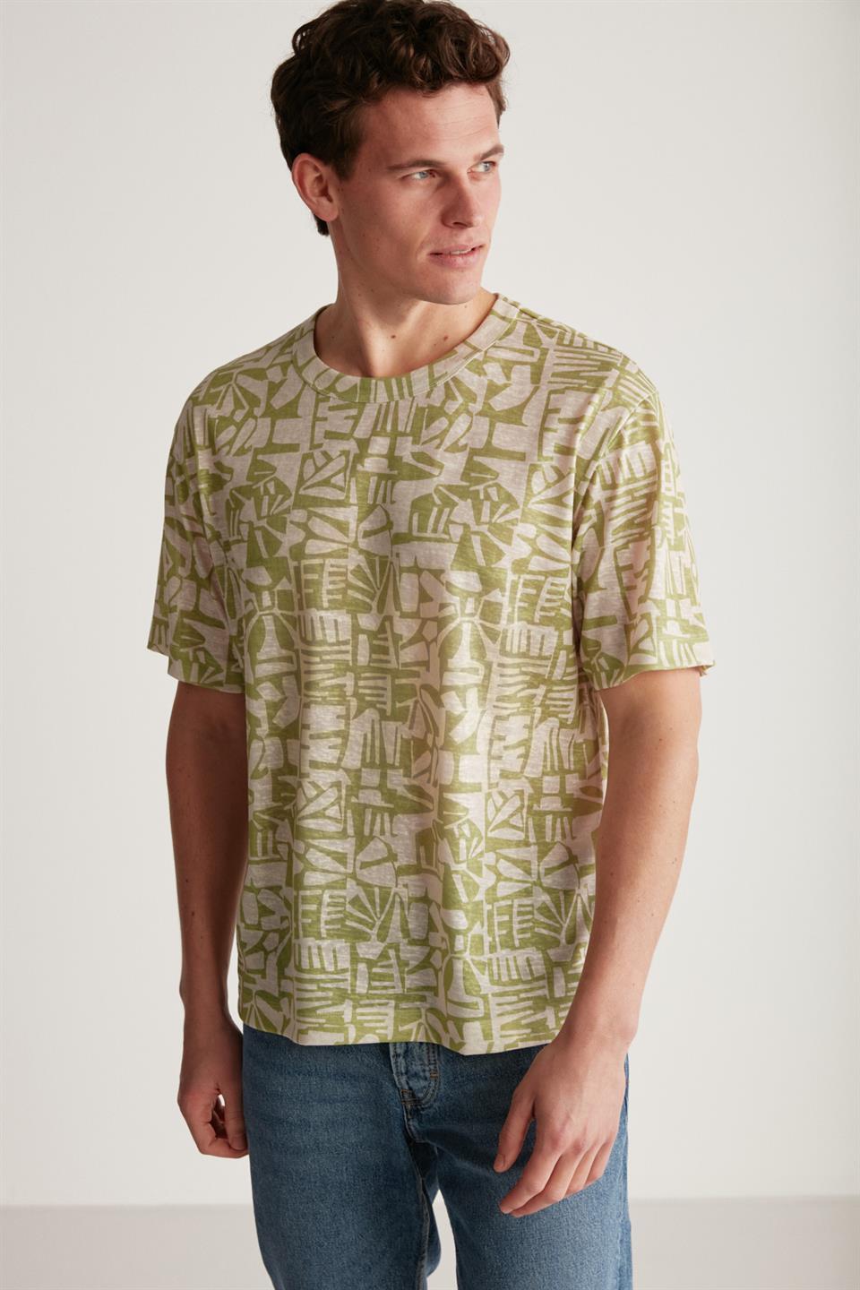 LUCAS Erkek Keten Görünümlü Regular Ekru - Desenli Tekli T-Shirt