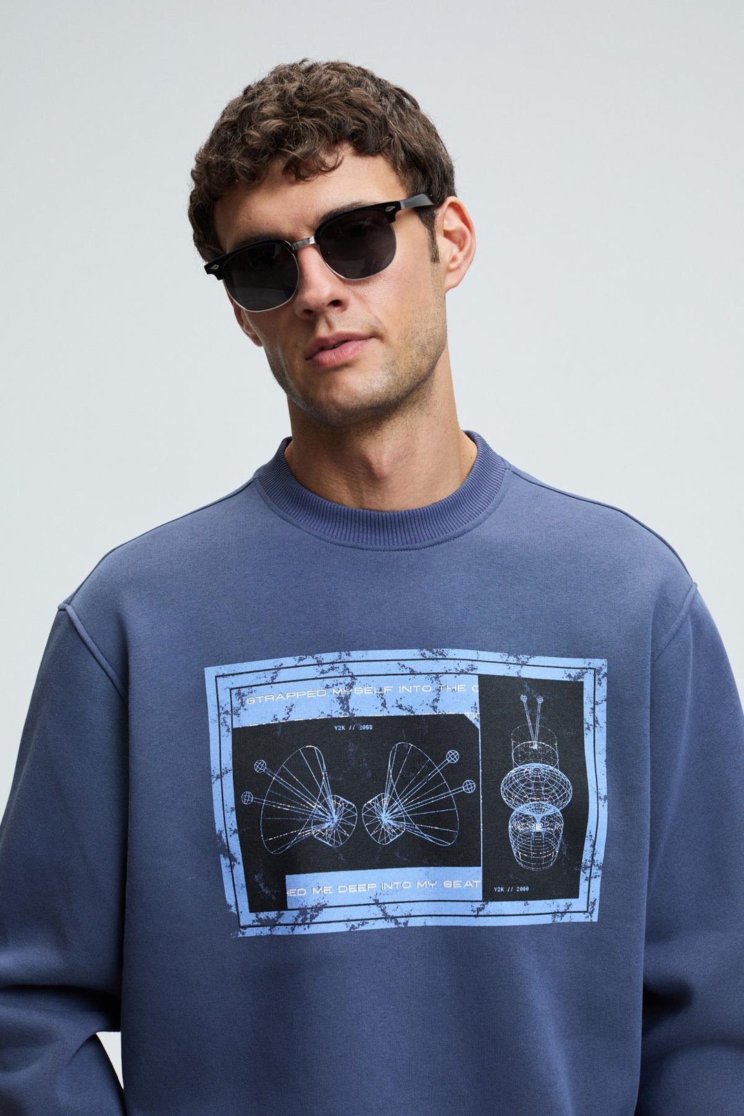 LUCIAN Erkek Göğsü Ve Sırtı Baskılı Yuvarlak Yaka Regular Fit İndigo Sweatshirt