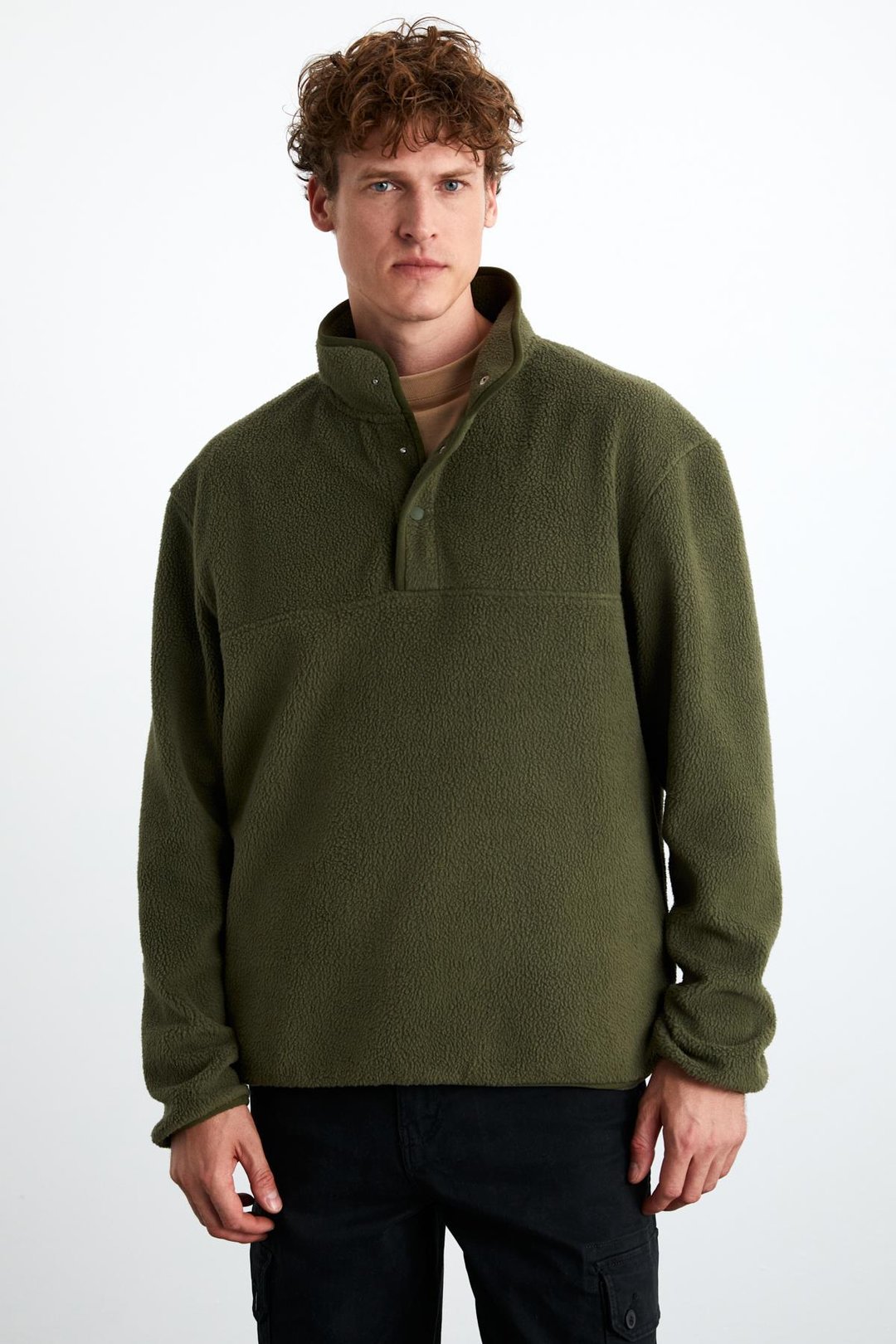 LUDOLF Erkek Pamuk Yarım Fermuarlı Polarlı Haki Sweatshirt