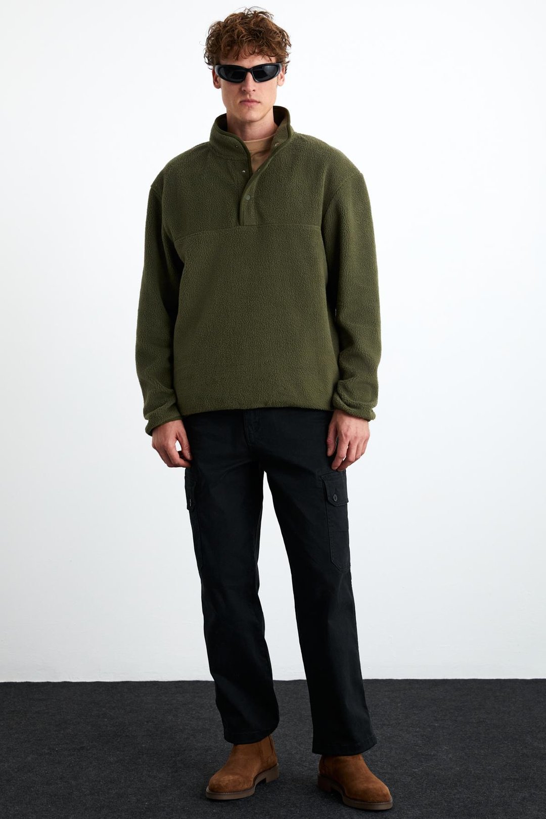 LUDOLF Erkek Pamuk Yarım Fermuarlı Polarlı Haki Sweatshirt