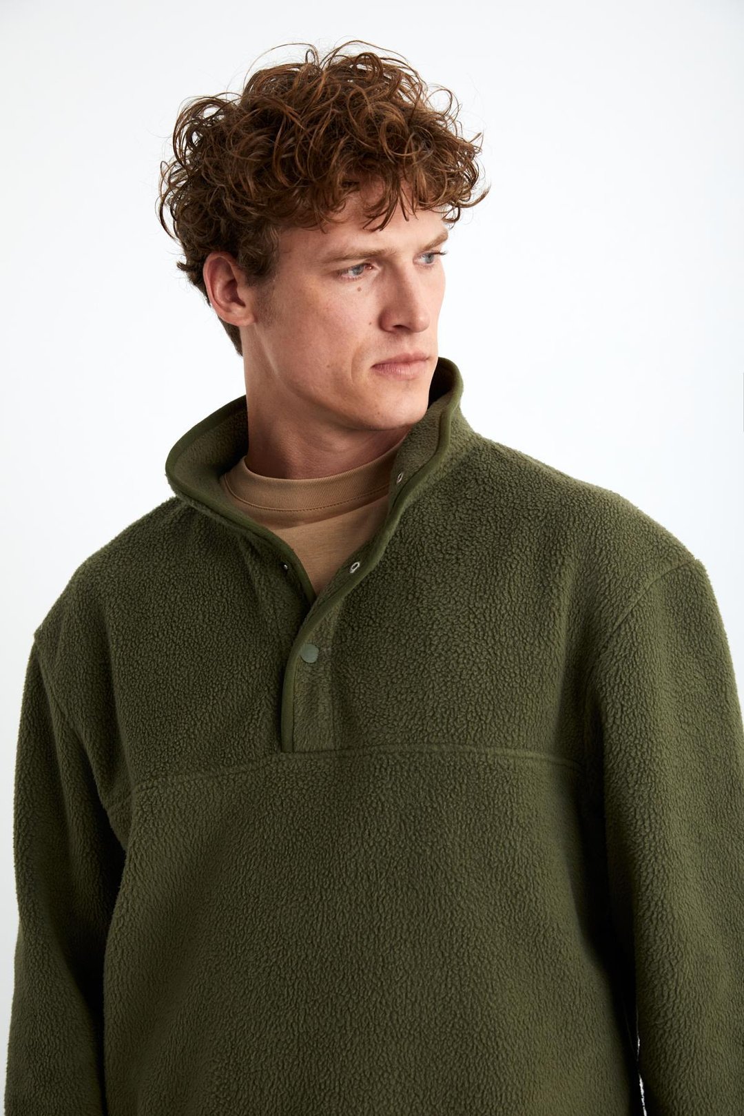 LUDOLF Erkek Pamuk Yarım Fermuarlı Polarlı Haki Sweatshirt