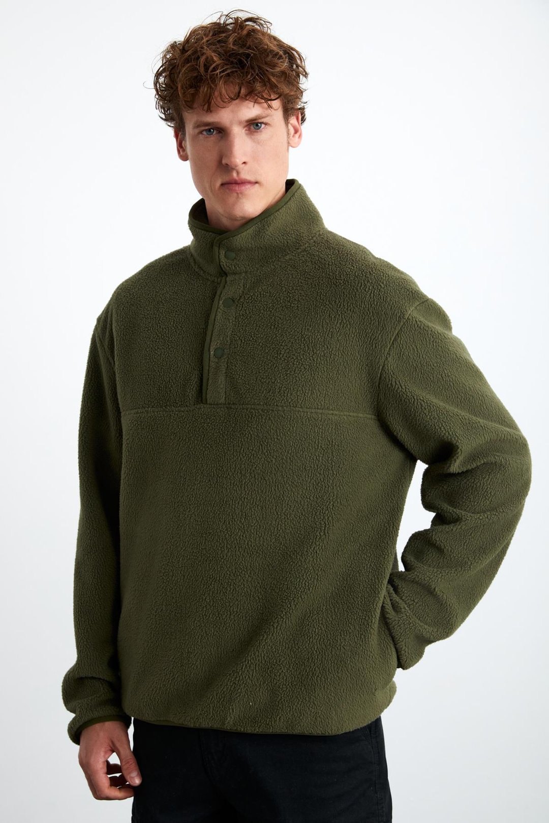 LUDOLF Erkek Pamuk Yarım Fermuarlı Polarlı Haki Sweatshirt