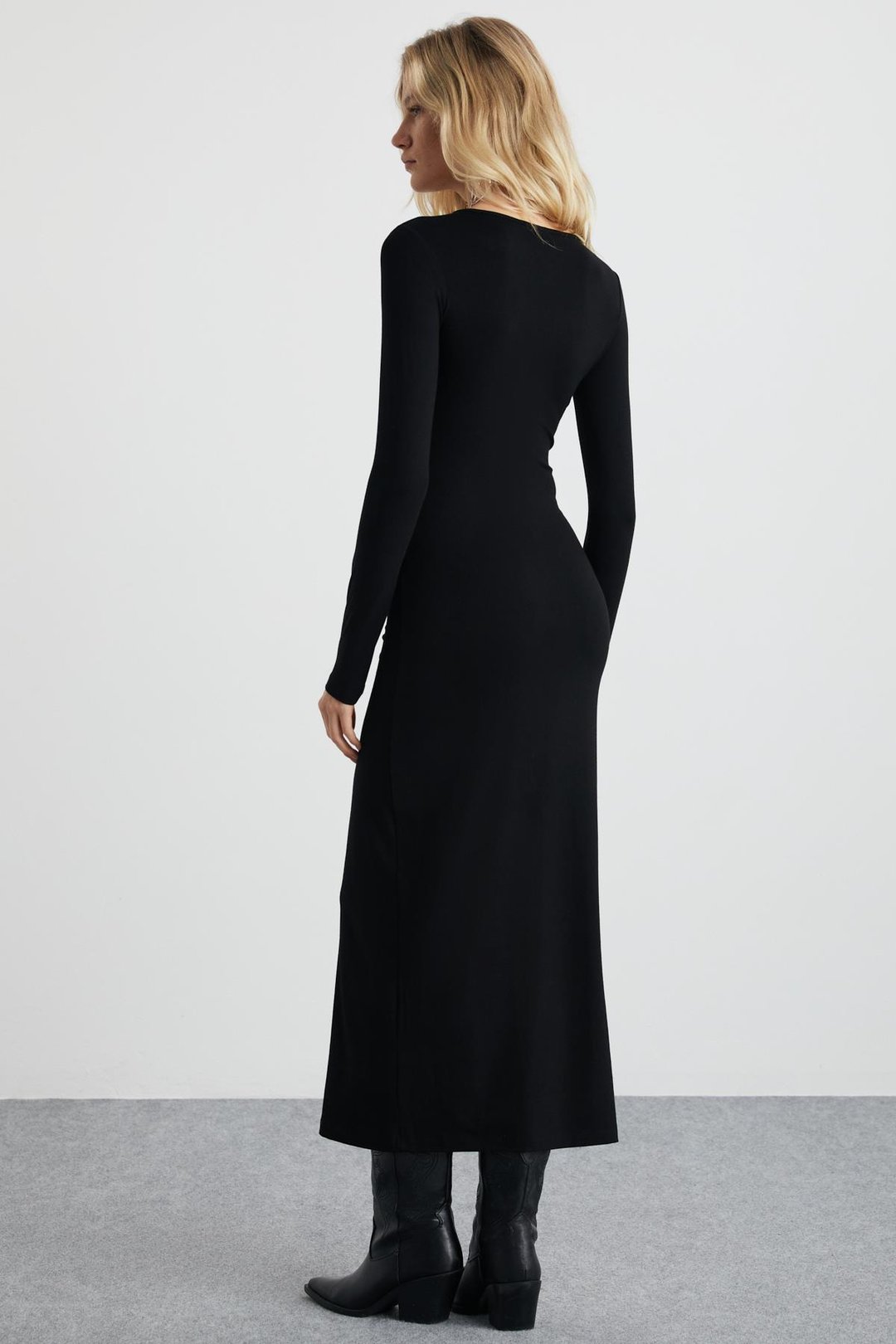 LURVIN Kadın Viscon Likralı Dekolte yaka Vücüdü Saran Bodycon Maxi Siyah Elbise