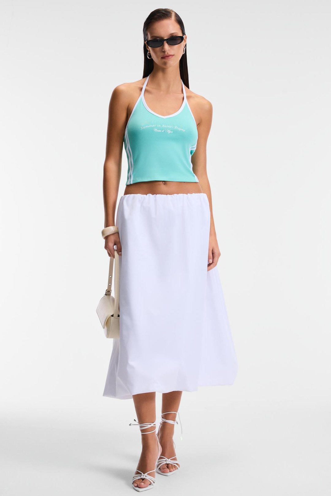 LUVINA Kadın Askılı Yaka Sıfır Kol Baskı Detaylı Ribanalı Mavi Bluz