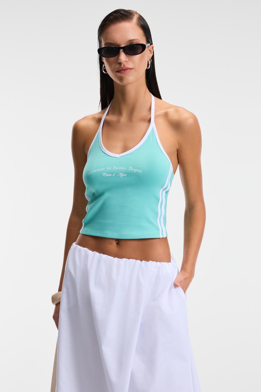 LUVINA Kadın Askılı Yaka Sıfır Kol Baskı Detaylı Ribanalı Mavi Bluz