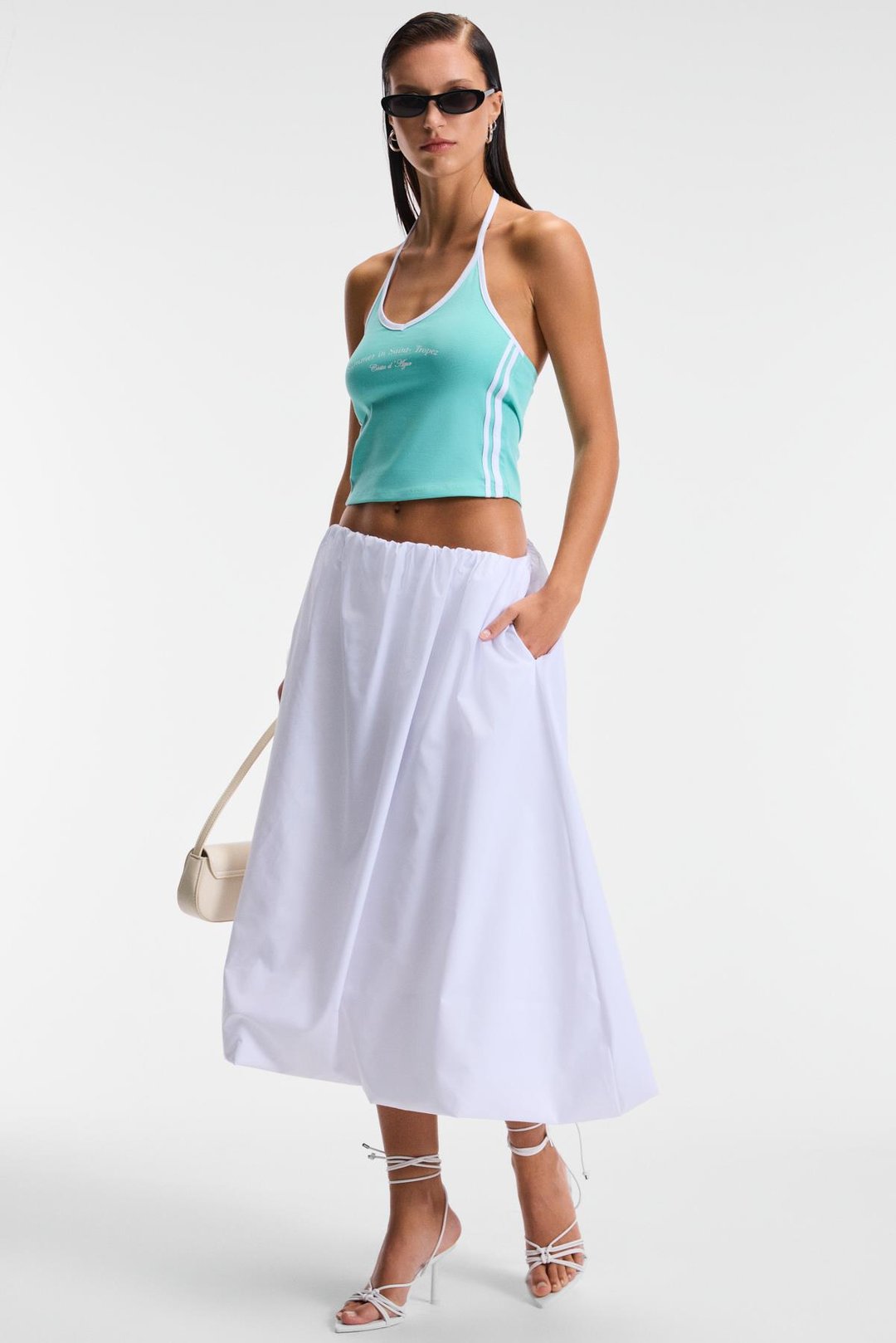 LUVINA Kadın Askılı Yaka Sıfır Kol Baskı Detaylı Ribanalı Mavi Bluz