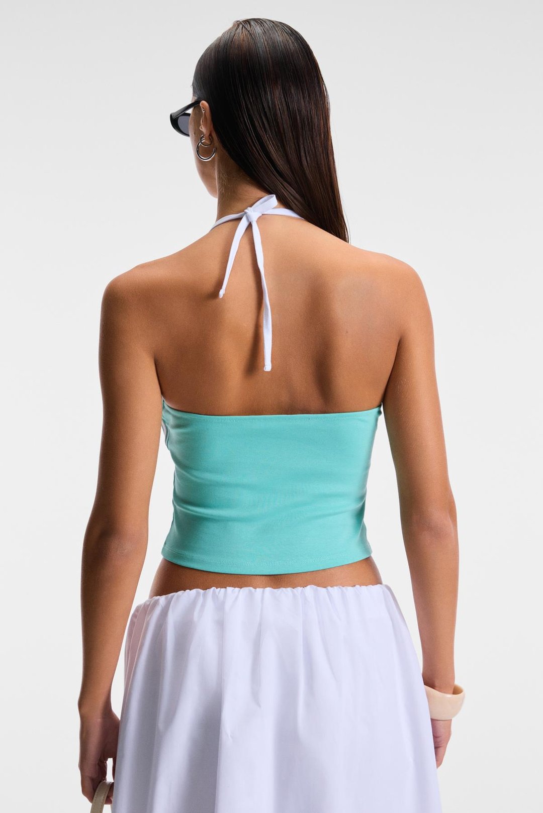 LUVINA Kadın Askılı Yaka Sıfır Kol Baskı Detaylı Ribanalı Mavi Bluz