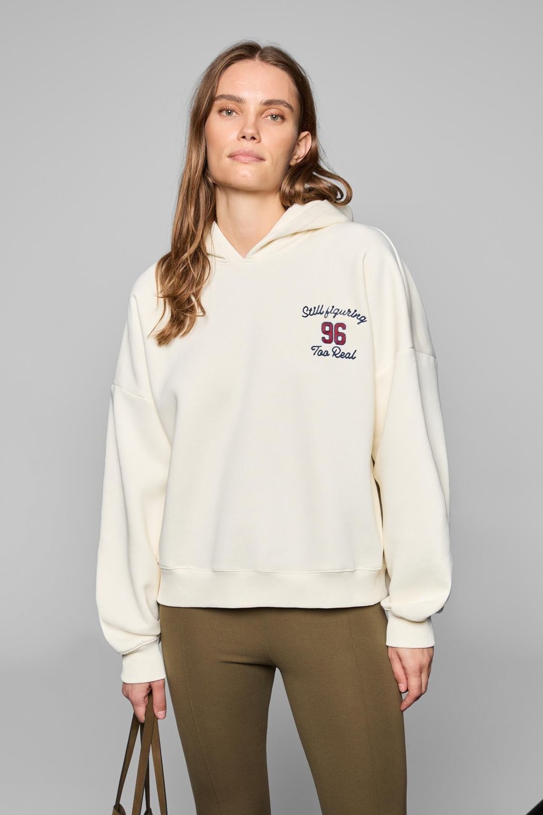 LUXE Kadın Renk Nakışlı Ve Arkası Baskı Detaylı Kapüşonlu Ekru Sweatshirt