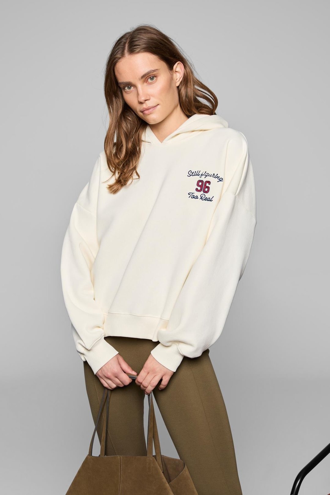LUXE Kadın Renk Nakışlı Ve Arkası Baskı Detaylı Kapüşonlu Ekru Sweatshirt