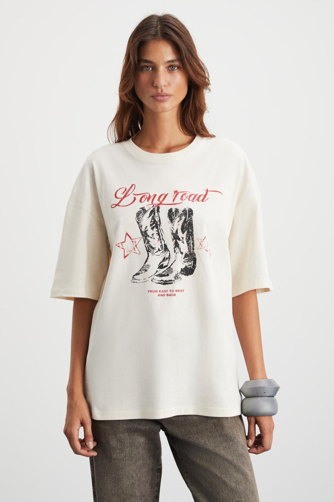 MAJER Kadın %100 Organik Pamuklu Western Tema Baskılı Regular Fit Krem T-Shirt