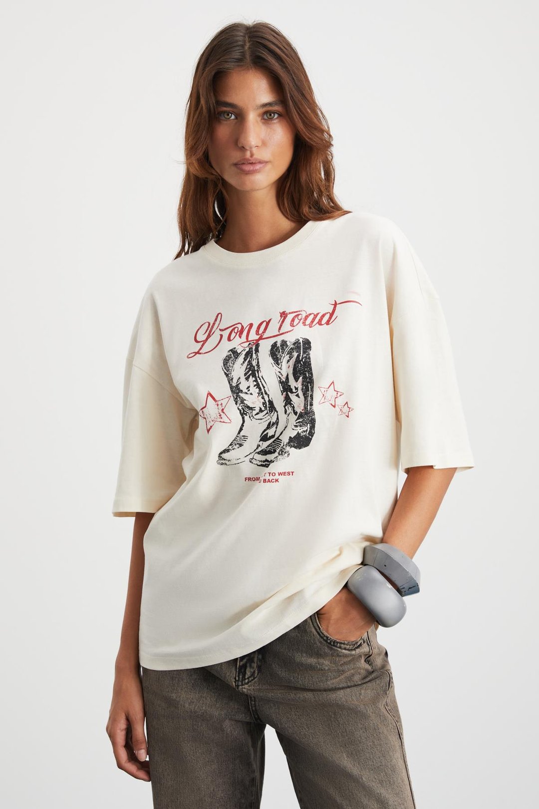 MAJER Kadın %100 Organik Pamuklu Western Tema Baskılı Regular Fit Krem T-Shirt