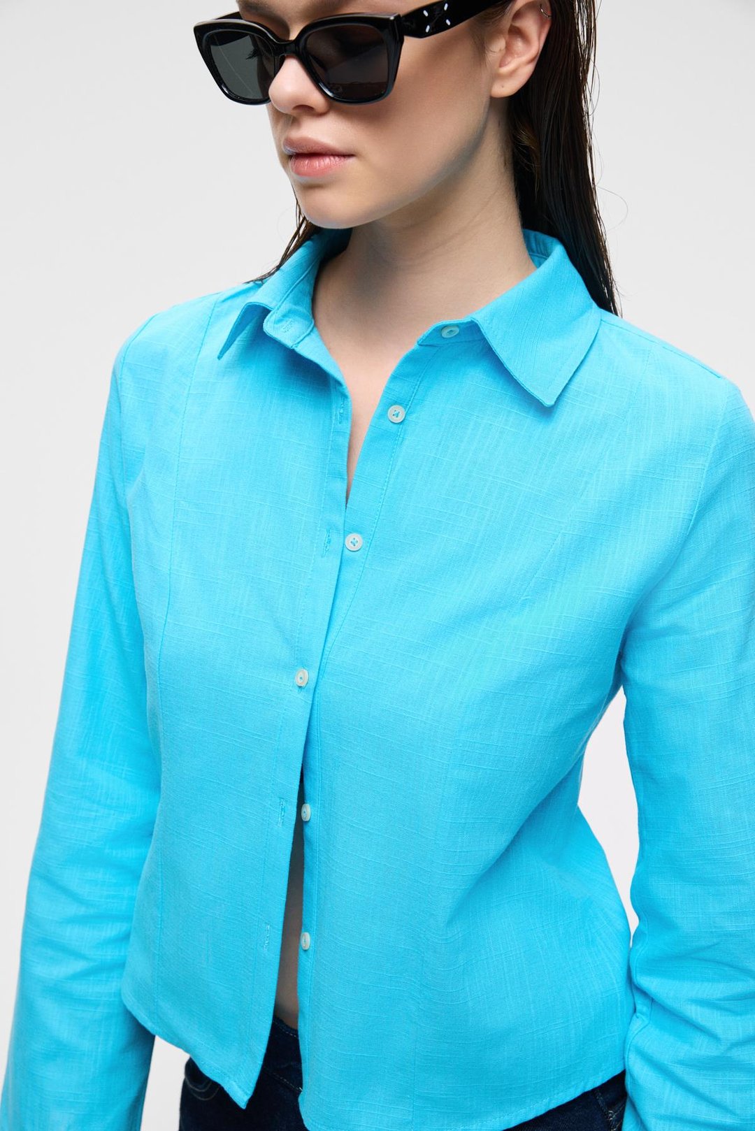 MAKAYLA Kadın Keten Uzun Kollu Regular Fit Mavi Gömlek