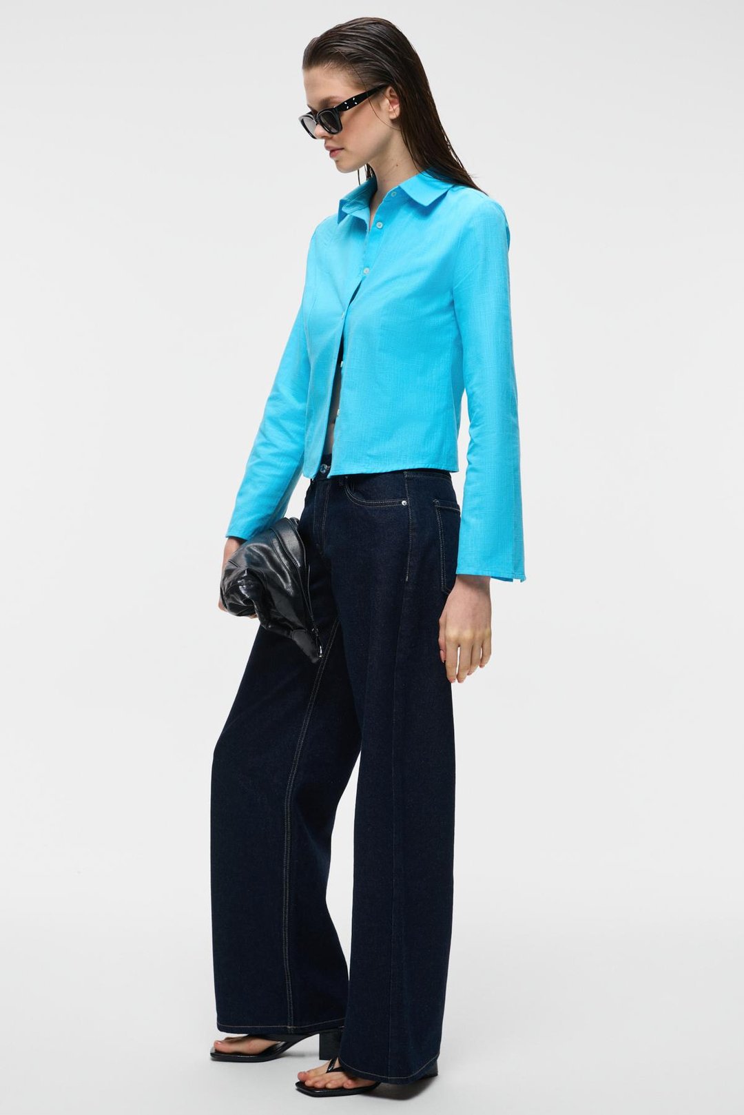 MAKAYLA Kadın Keten Uzun Kollu Regular Fit Mavi Gömlek