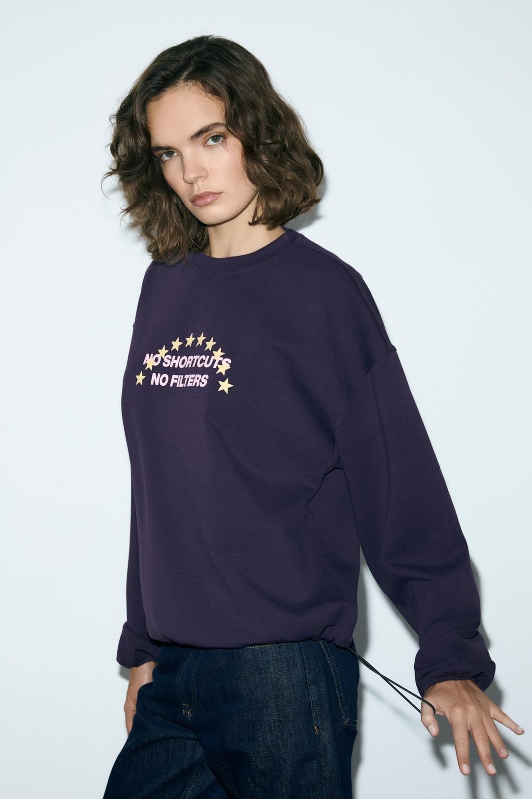 MARIELA Kadın Yuvarlak Yaka Baskı Detaylı Oversıze Mor Sweatshirt