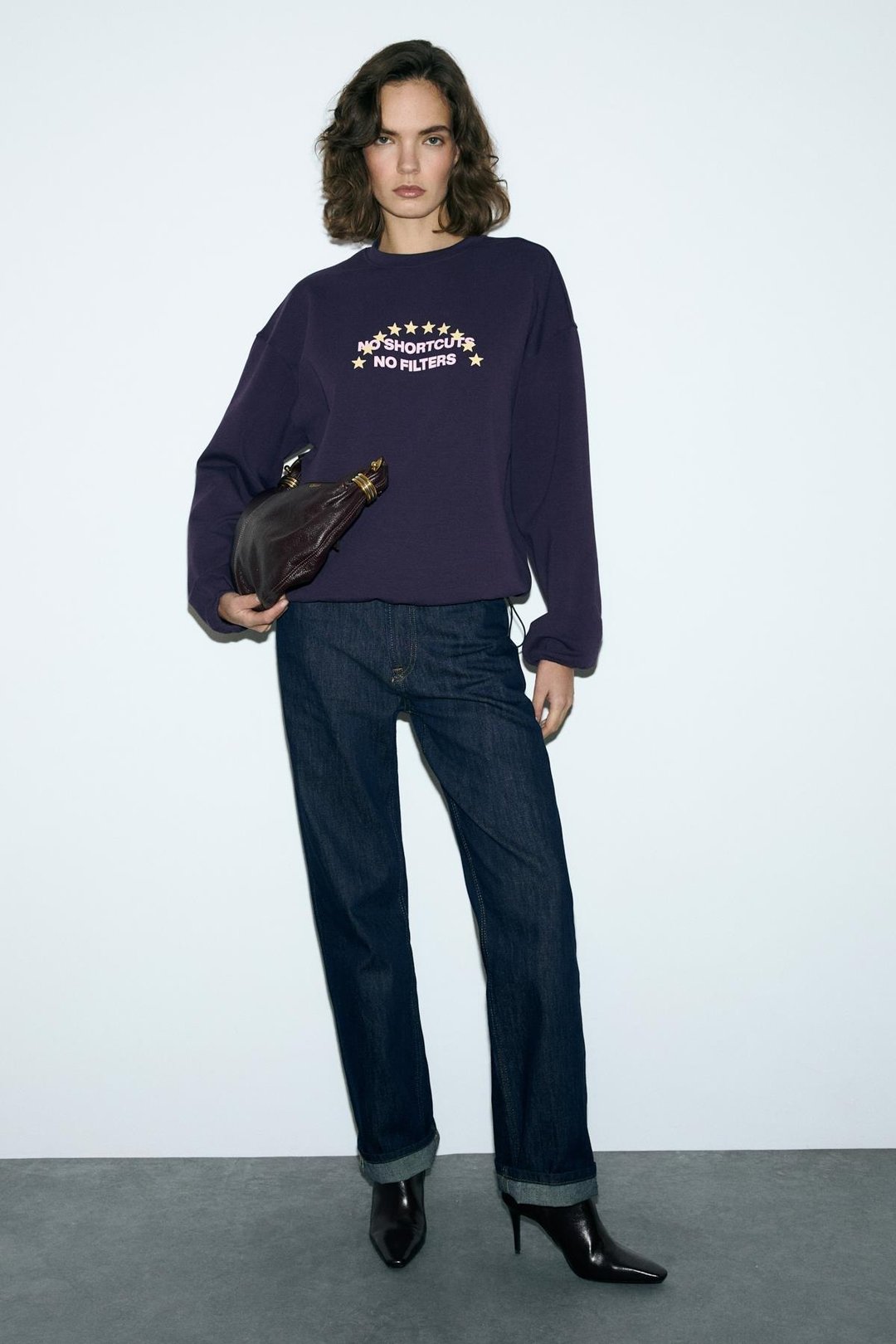 MARIELA Kadın Yuvarlak Yaka Baskı Detaylı Oversıze Mor Sweatshirt