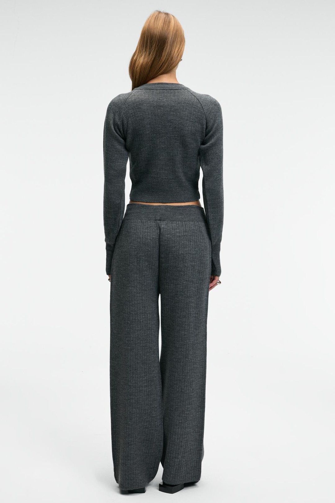 MARIPOSA Kadın Yuvarlak Yaka Çizgi Desenli Crop Geniş Paça Triko Antrasit Alt-Üst Takım