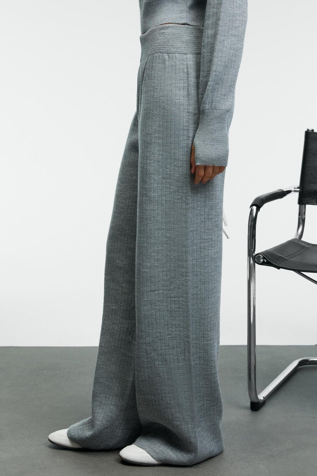 MARIPOSA Kadın Yuvarlak Yaka Çizgi Desenli Crop Geniş Paça Triko Grimelanj Alt-Üst Takım