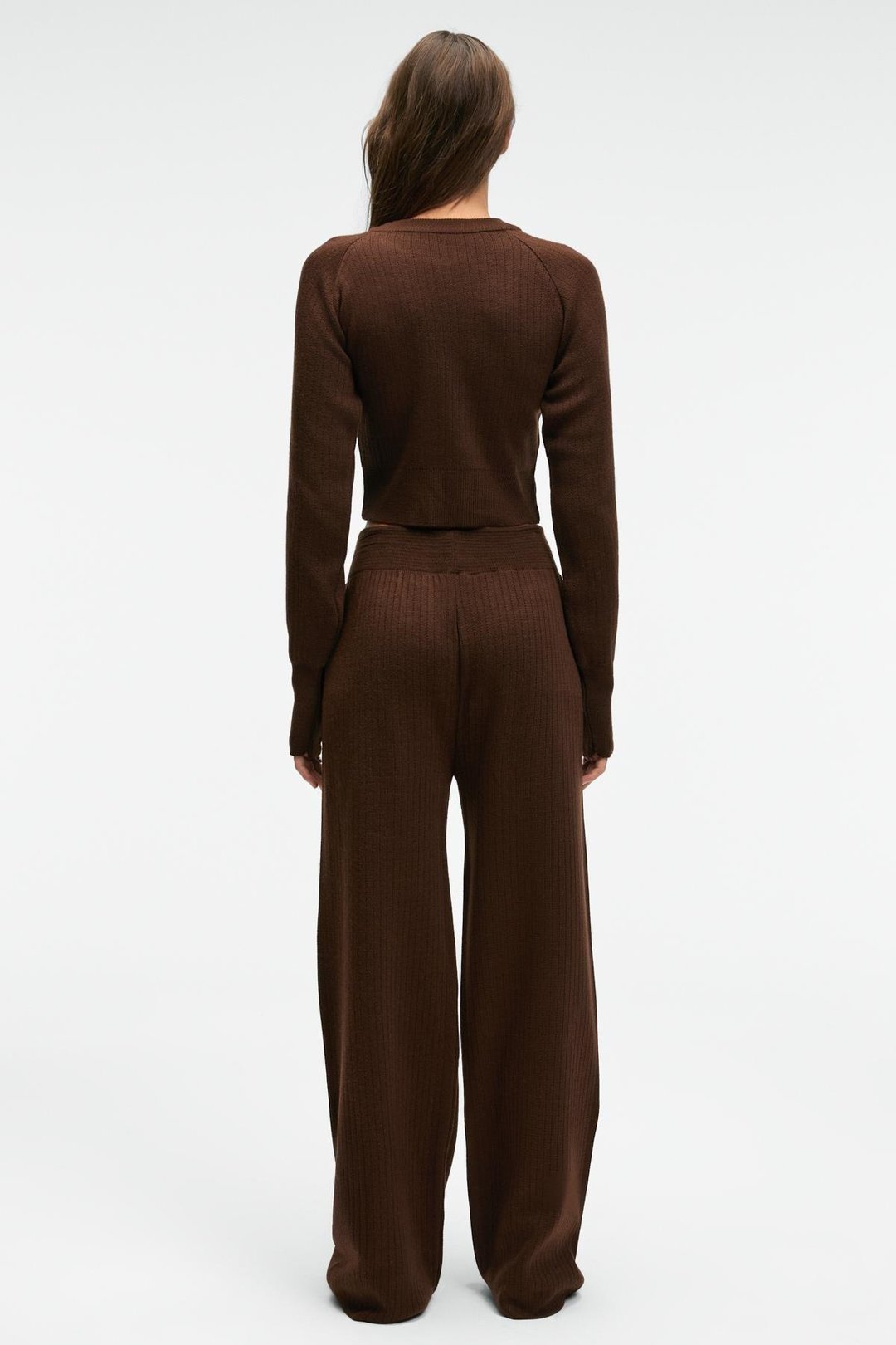 MARIPOSA Kadın Yuvarlak Yaka Çizgi Desenli Crop Geniş Paça Triko Kahverengi Alt-Üst Takım