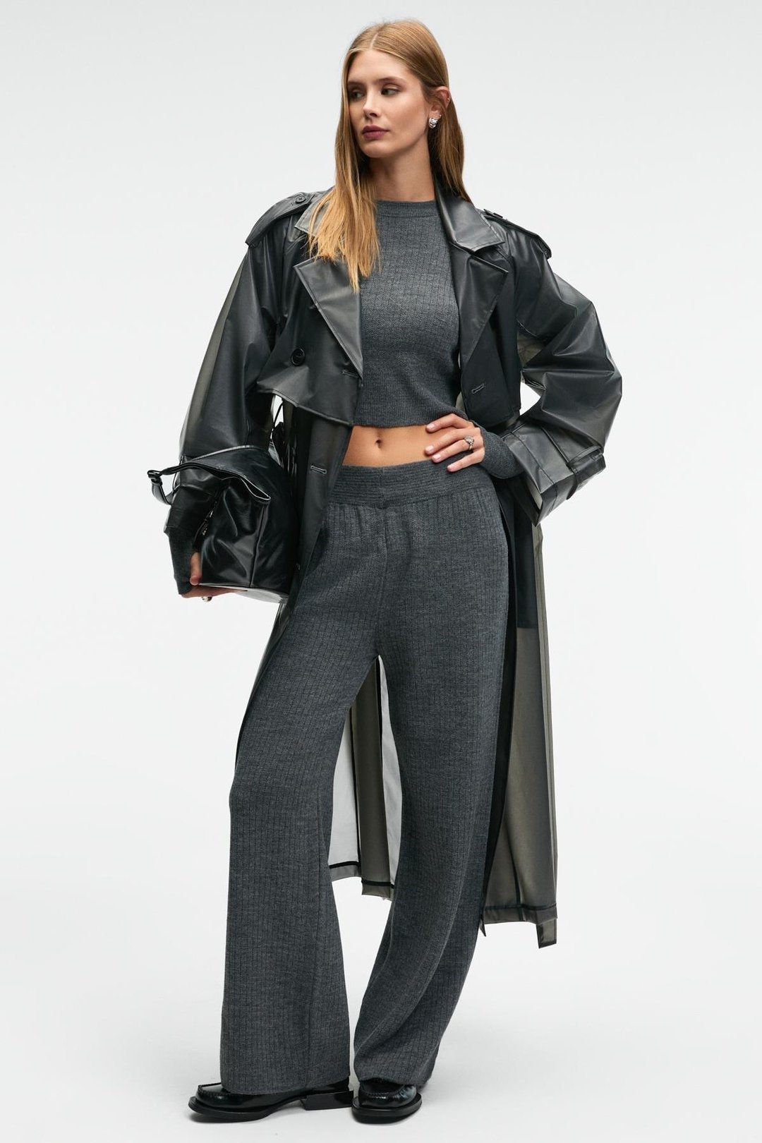 MARIPOSA Kadın Yuvarlak Yaka Çizgi Desenli Crop Geniş Paça Triko Antrasit Alt-Üst Takım